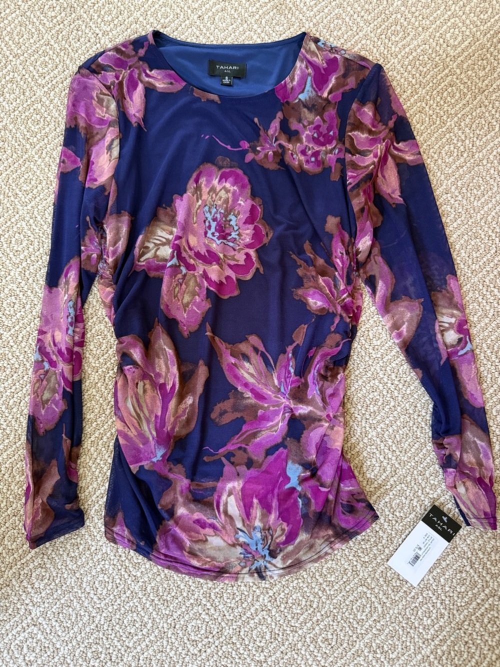 Tahari Navy Long-Sleeve mesh floral Top with Pink and Brown Blooms